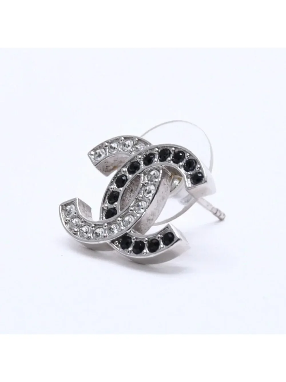 Chanel CC Logo Single Earrings 24 Rhinestone Silver Black Clear
